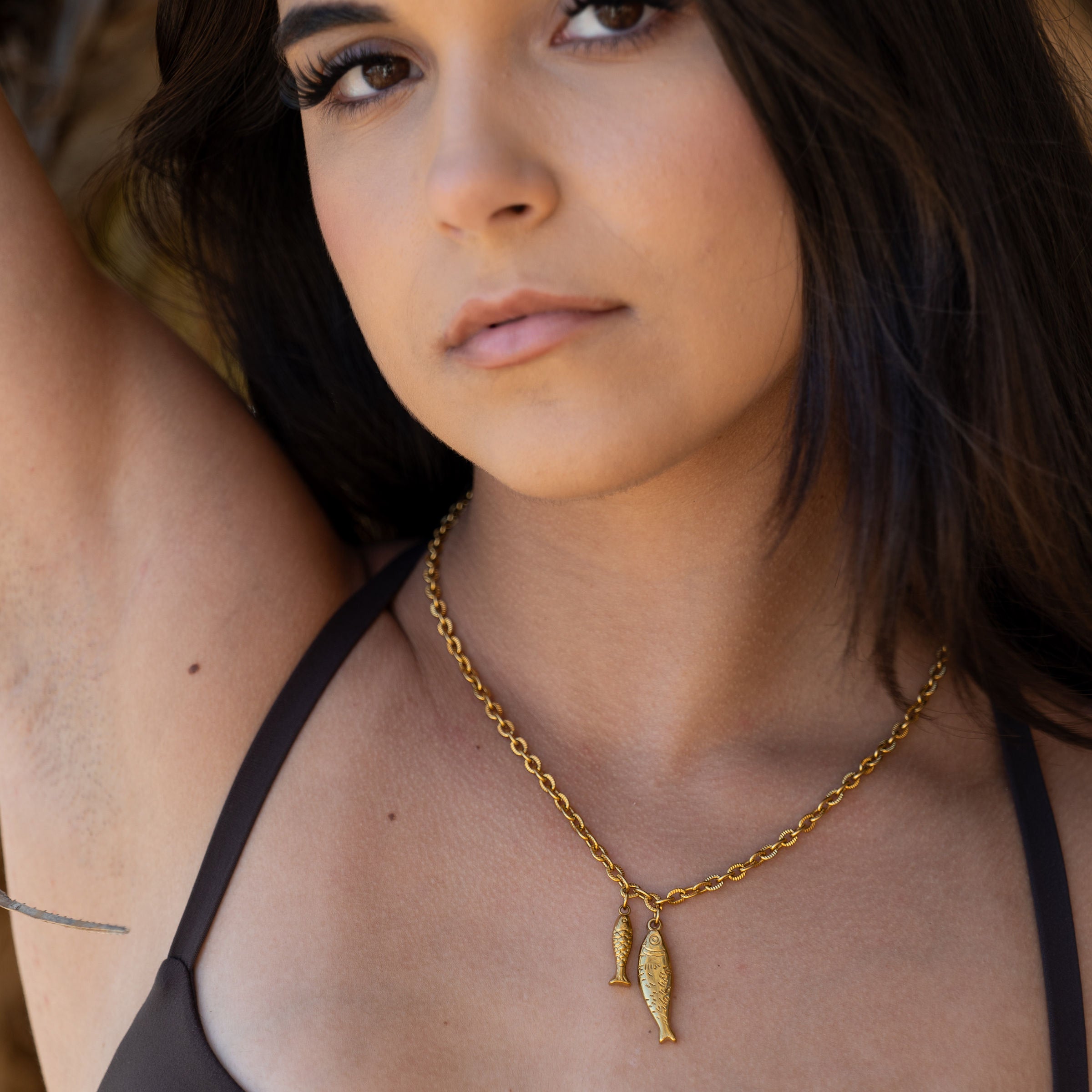 Model wearing Tidal Duo Necklace – coastal gold jewellery