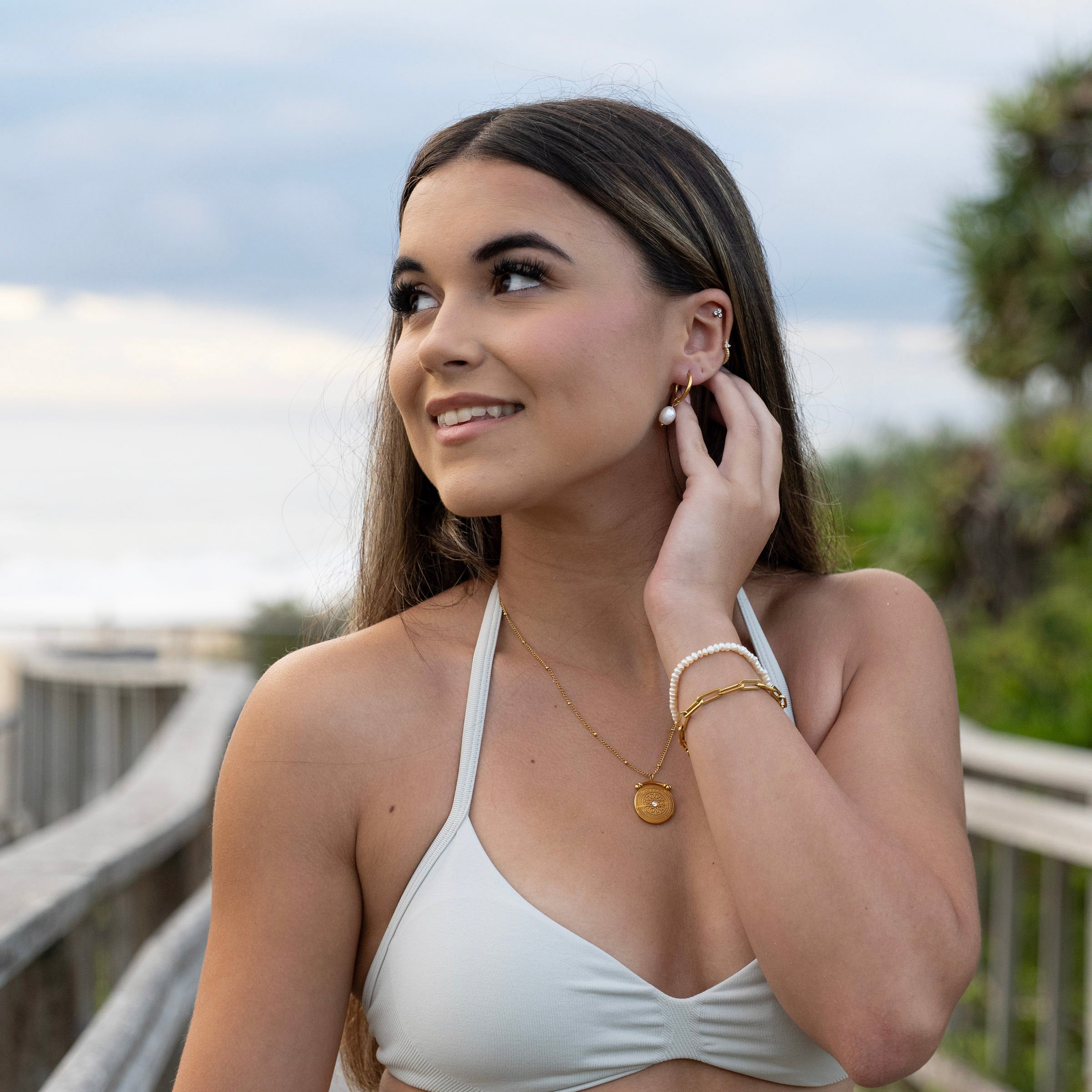 Gold medallion pendant necklace with crystal centre, waterproof PVD stainless steel jewellery