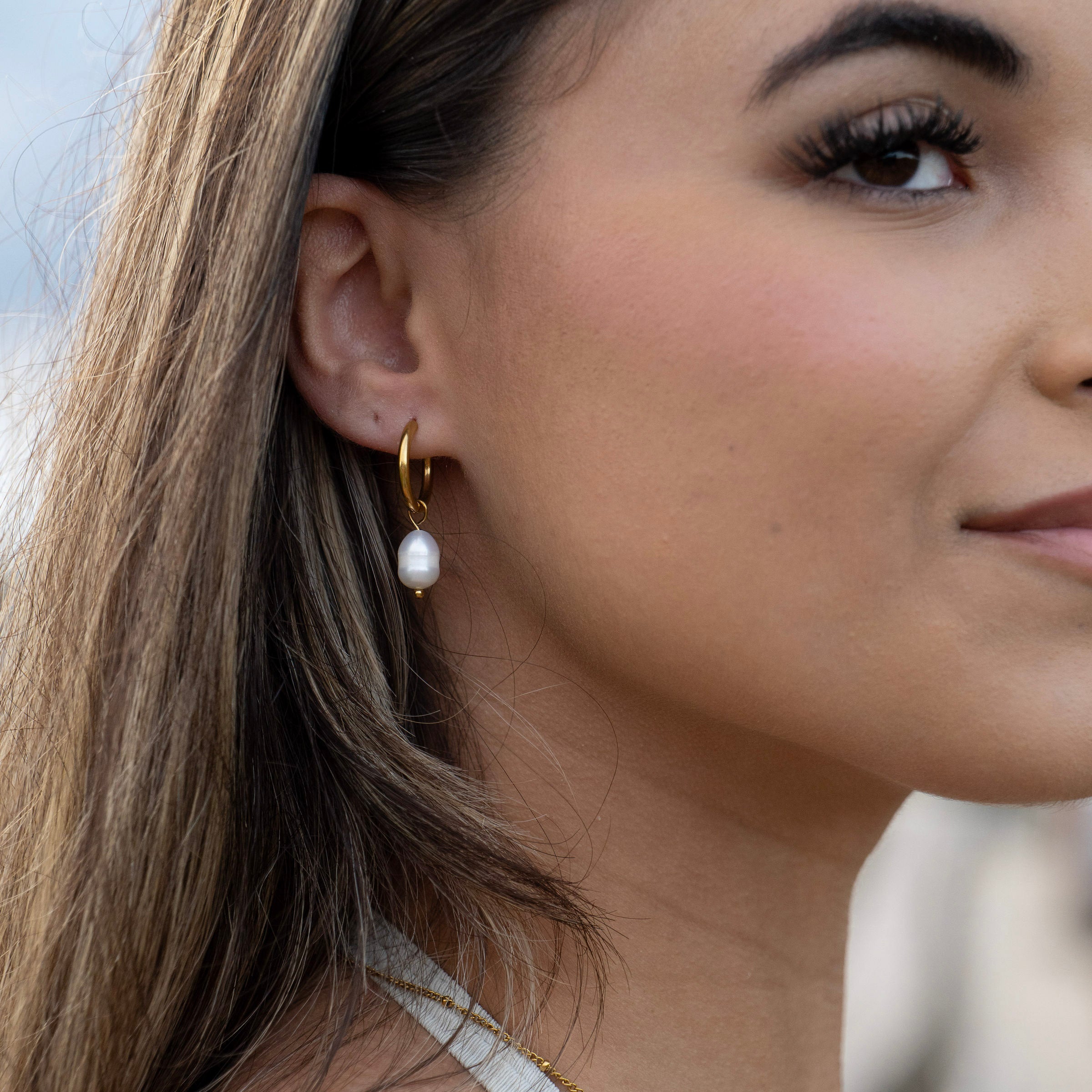 Minimal gold hoop earrings with freshwater pearl drop, waterproof PVD stainless steel earrings for everyday wear