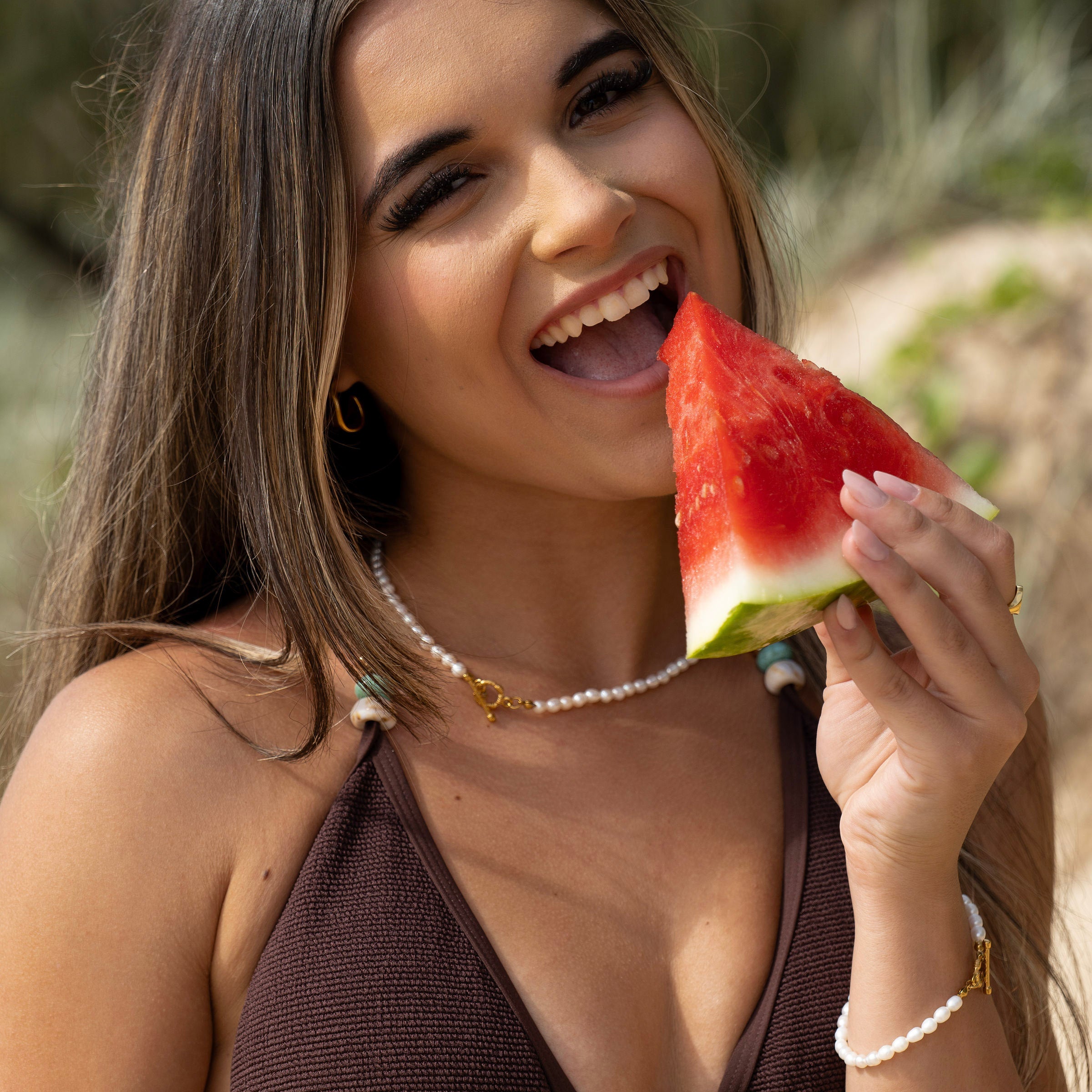 Gold and pearl necklace and bracelet bundle in 18K PVD stainless steel, waterproof tarnish-free jewellery worn beachside