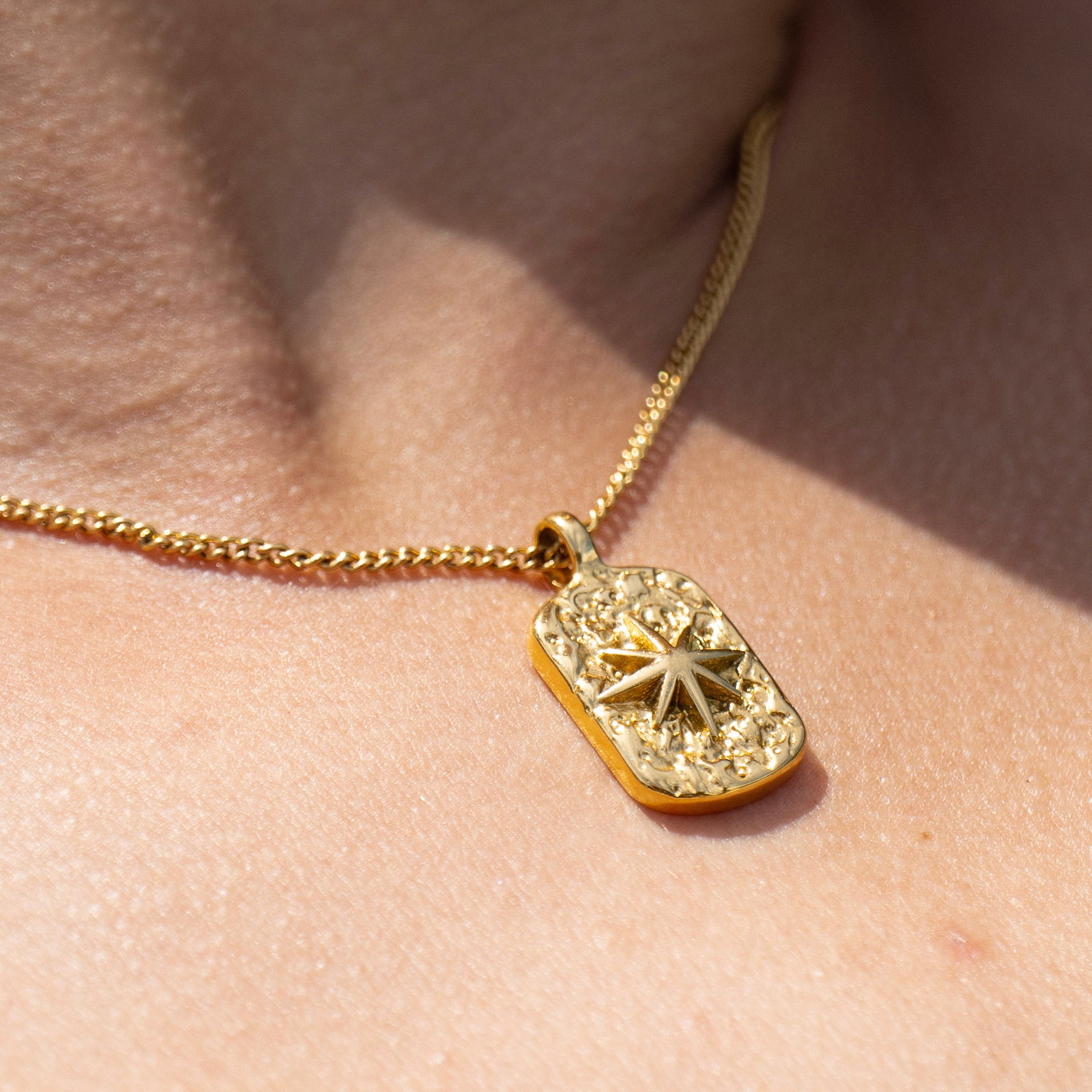 Waterproof gold PVD compass necklace pendant, tarnish-free stainless steel chain and charm