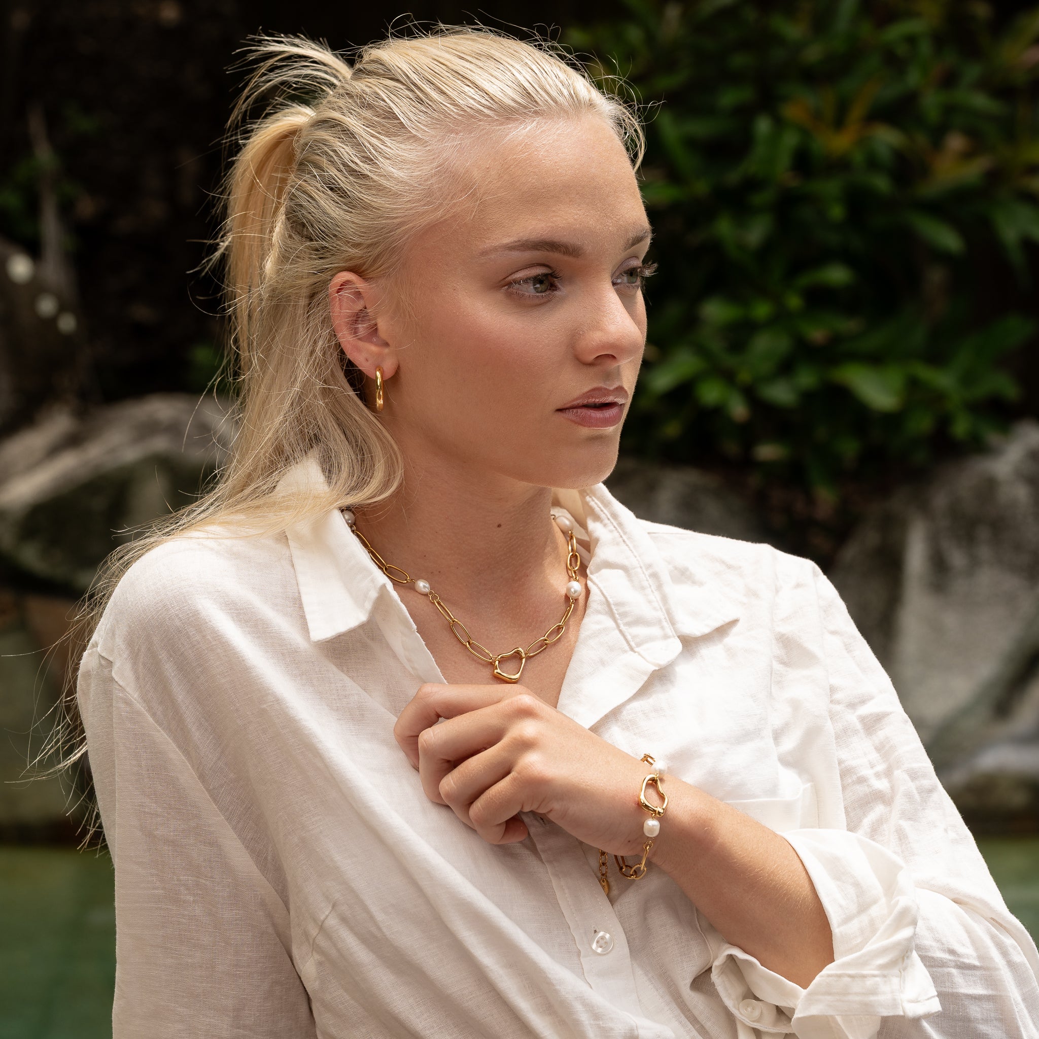 Oceana Necklace – gold freshwater pearl necklace with irregular hollow pendant by Maevi