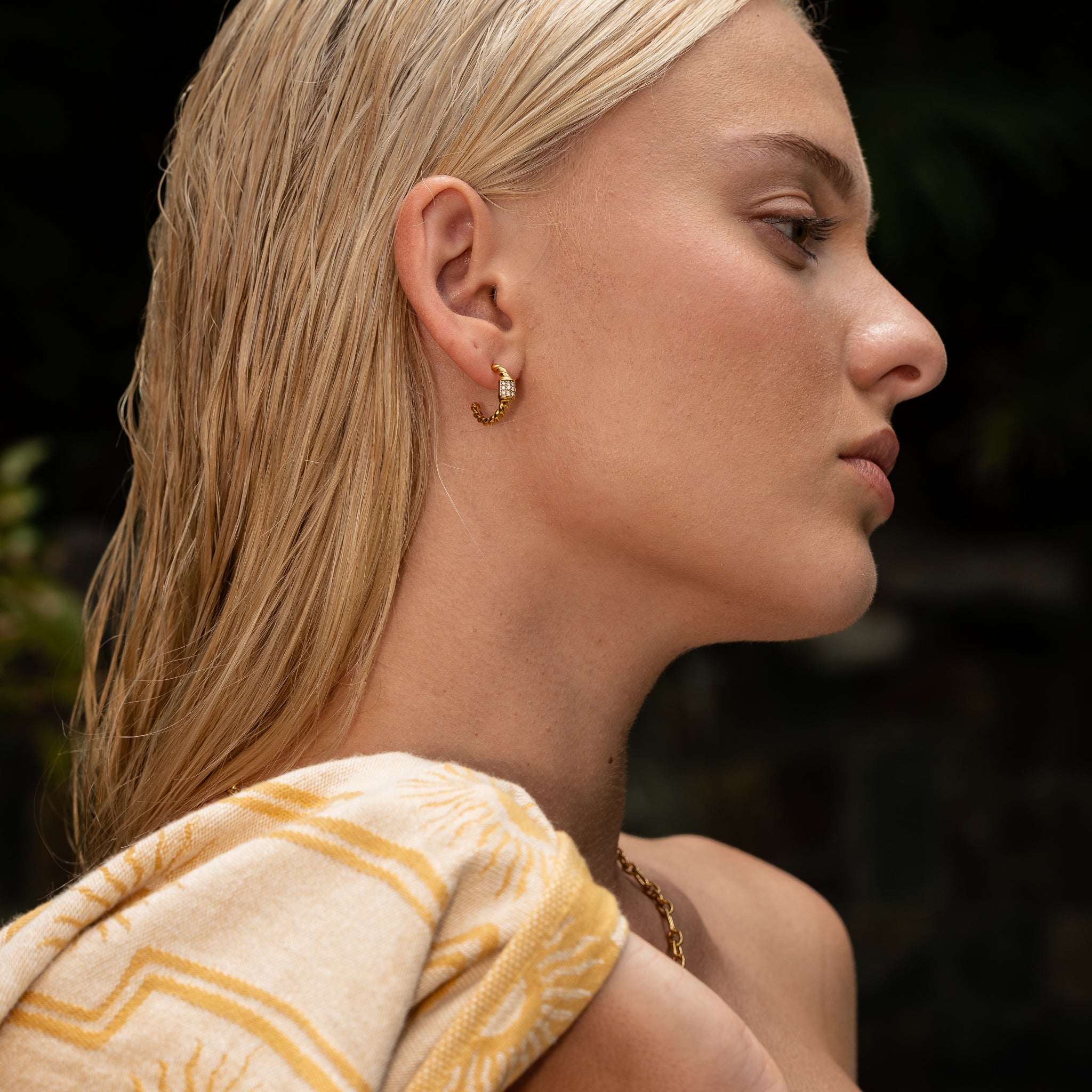Seyla Rope Crystal Hoops gold rope textured earrings on model