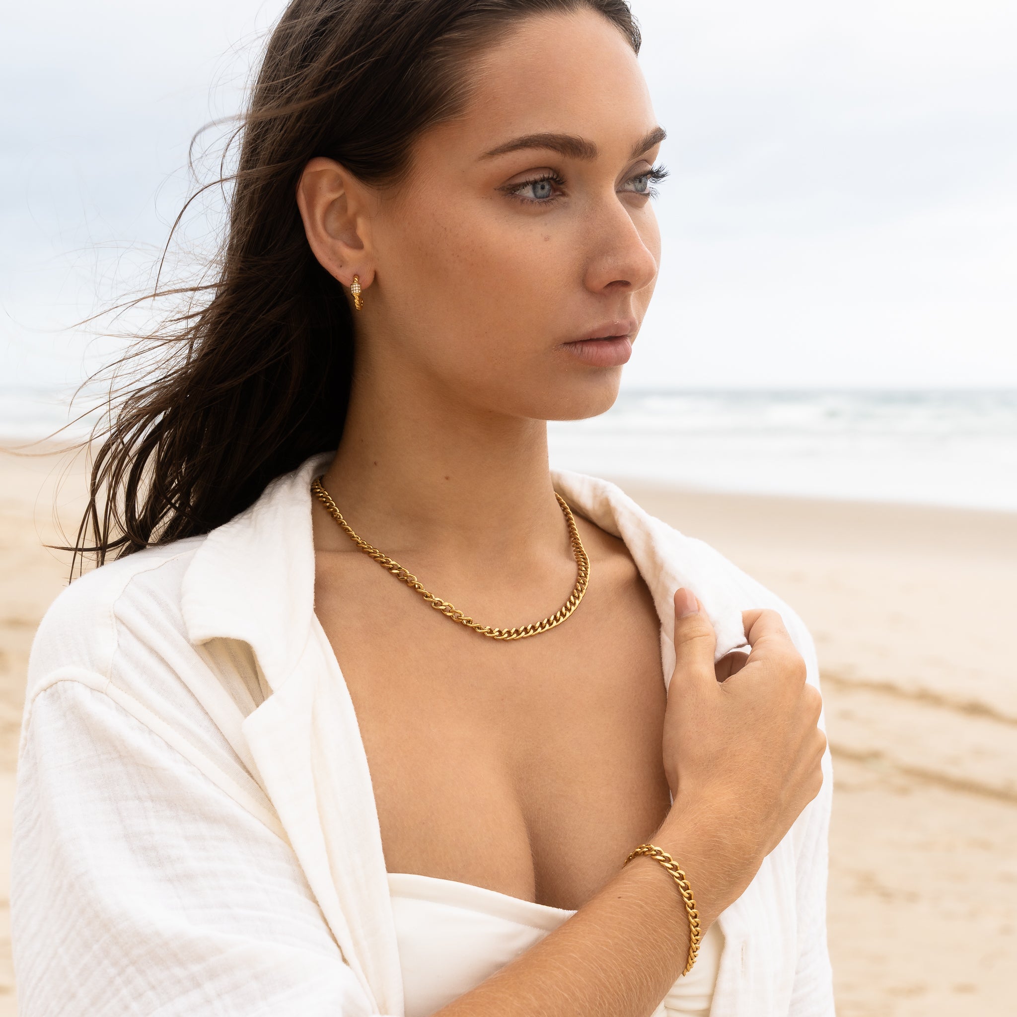 Close-up of Seyla Rope Crystal Hoops waterproof PVD jewellery