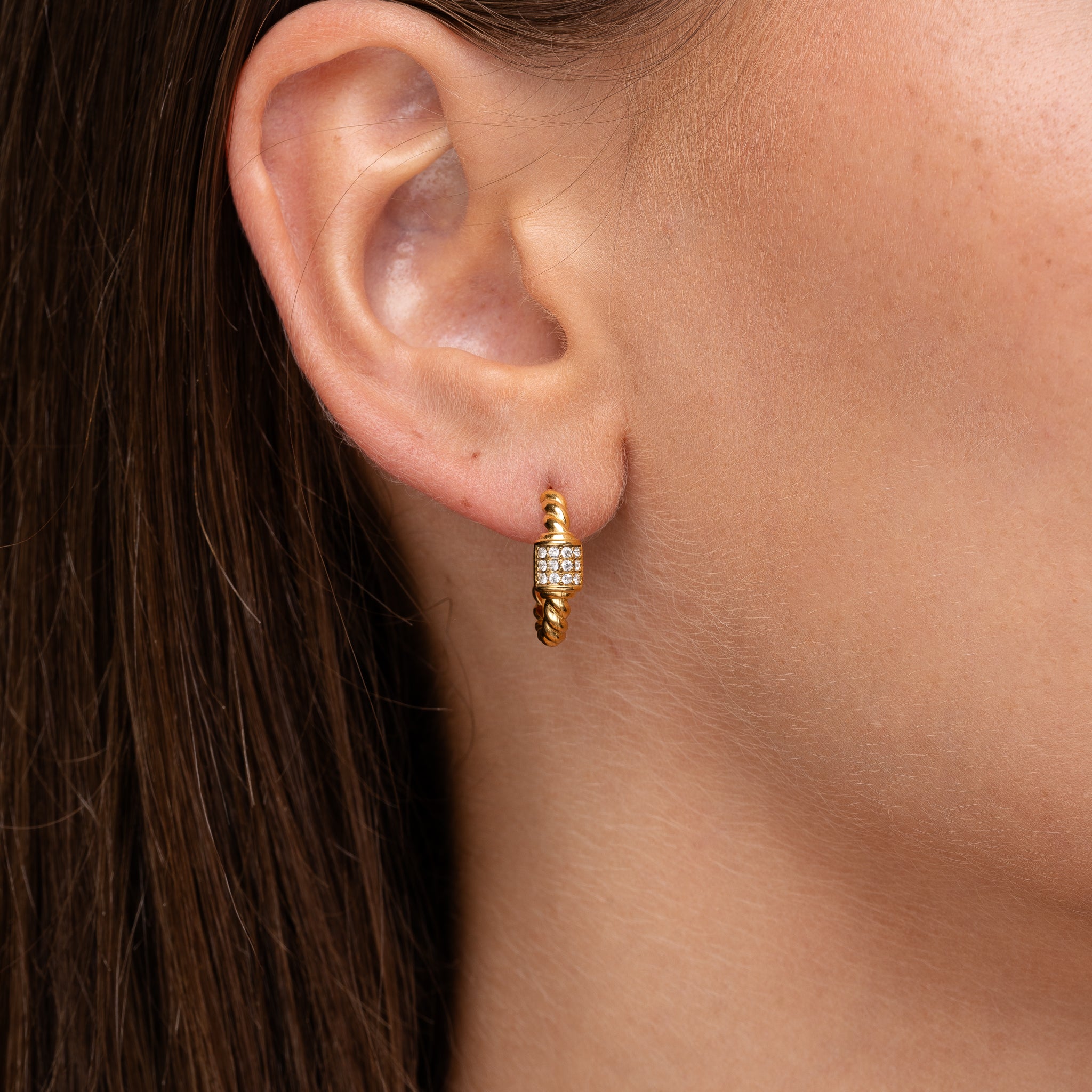 Seyla Rope Crystal Hoops – gold rope hoop earrings with crystals by Maevi.