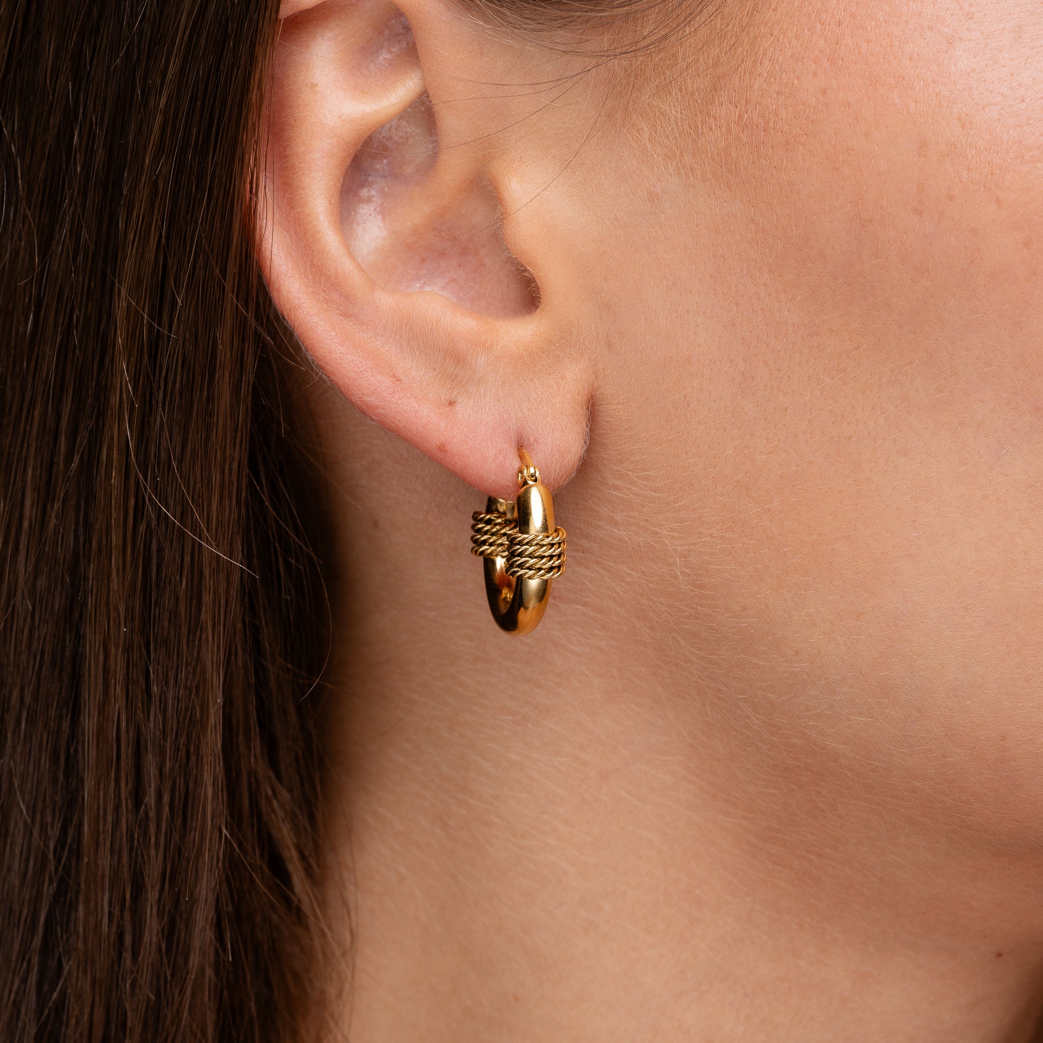 Maris Rope Knot Earrings. 18K PVD gold hoop with rope knot detail, waterproof tarnish free Maevi jewellery